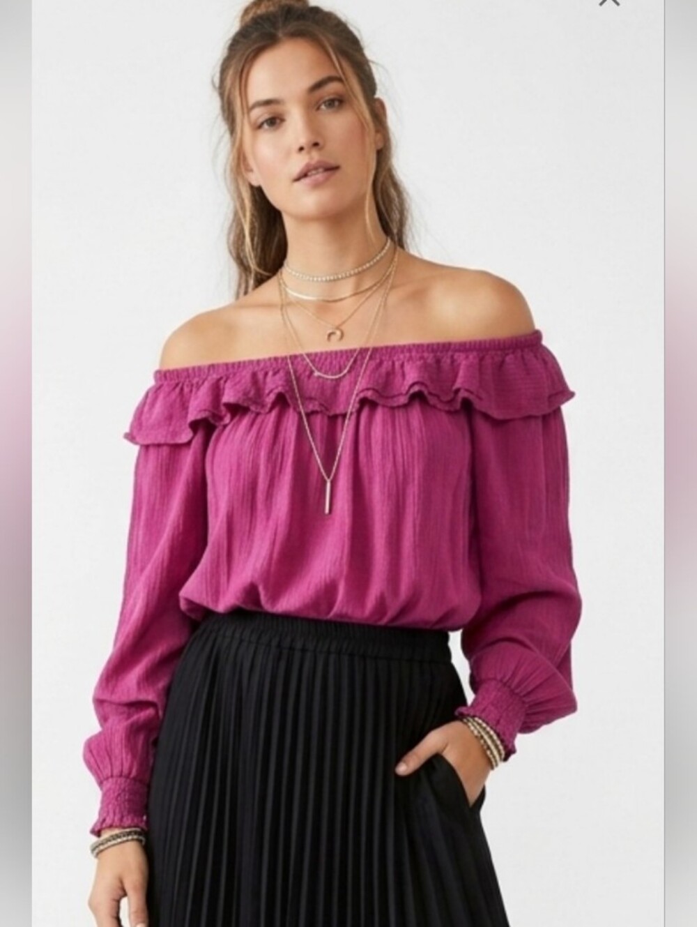 Knox Rose Oversized Off-Shoulder Ruffled Long-Sleeve Blouse - Magenta